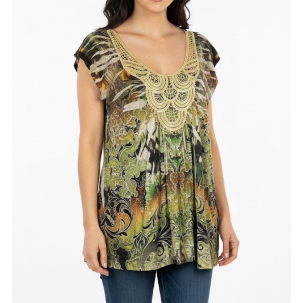 APT. 9 Floral Print Lace Neckline Top, Women’s M, Green